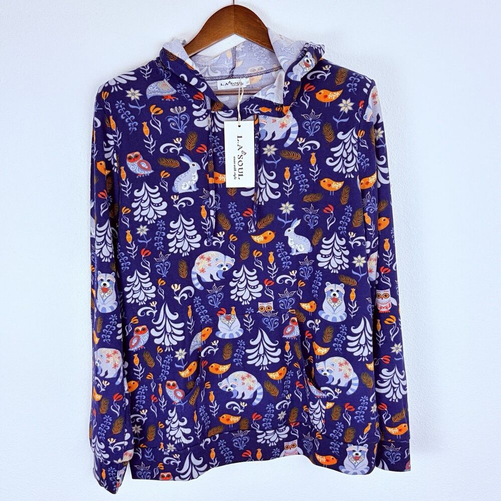 L.A Soul Woodland Animal Hoodie Tunic Top Blue XL NWT Cowl Neck